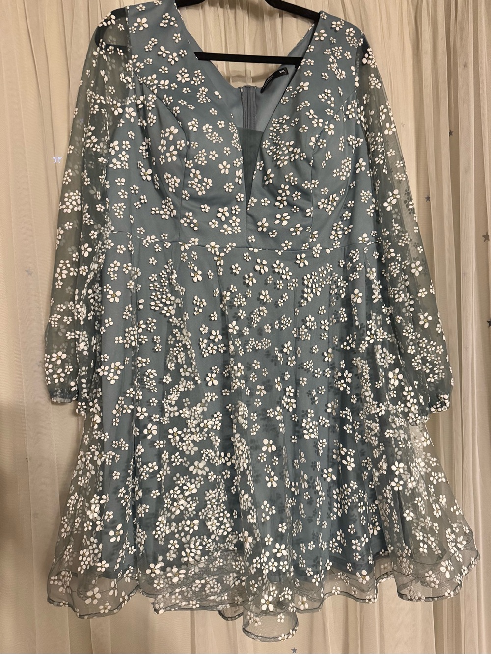 SHEIN Dusty Blue Mini Dress with White Floral Appliqué